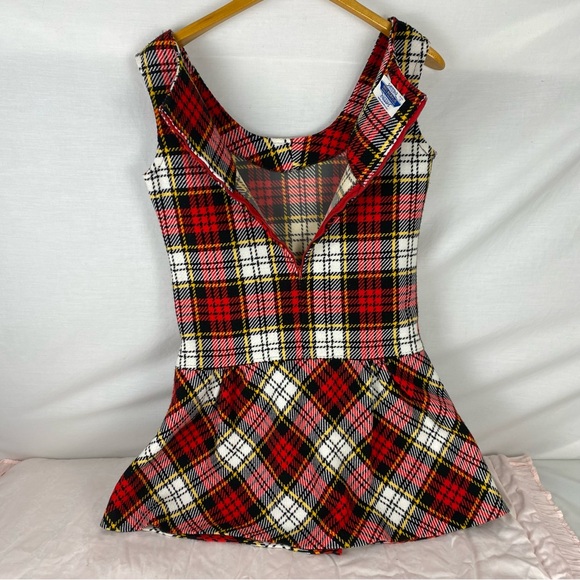 Vintage 70s Plaid Mini Dress Made in Japan Size 12 Red Tartan Mod - Picture 7 of 13
